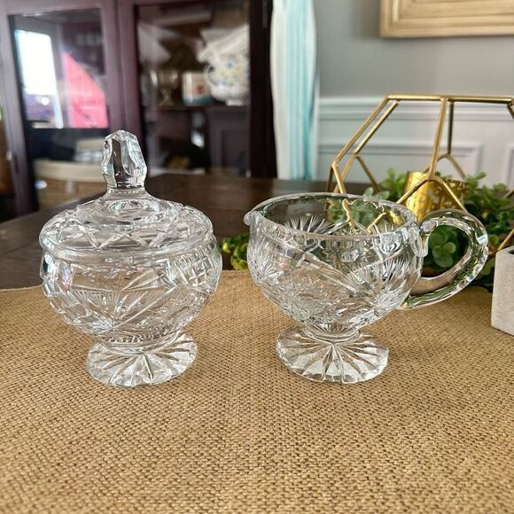 Vintage‎ RARE Crystal Clear Cut Glass Sugar Bowl with Lid & Creamer 2pc Set - Picture 1 of 8